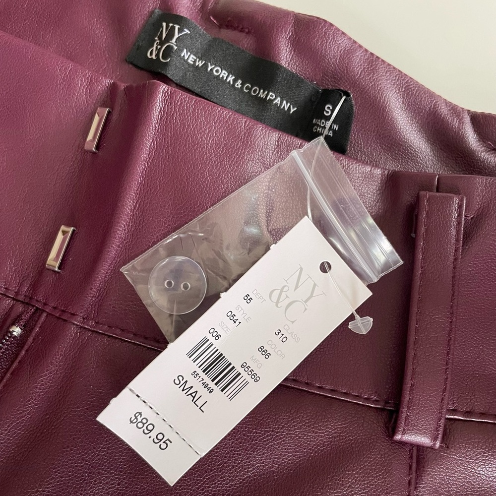 New York & Company Women’s Tie Waist Faux Leather Wide Leg Pant Wine Size S